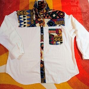 Vintage 80's Tribal Aztec Button Down Shirt, Large White Southwestern Retro